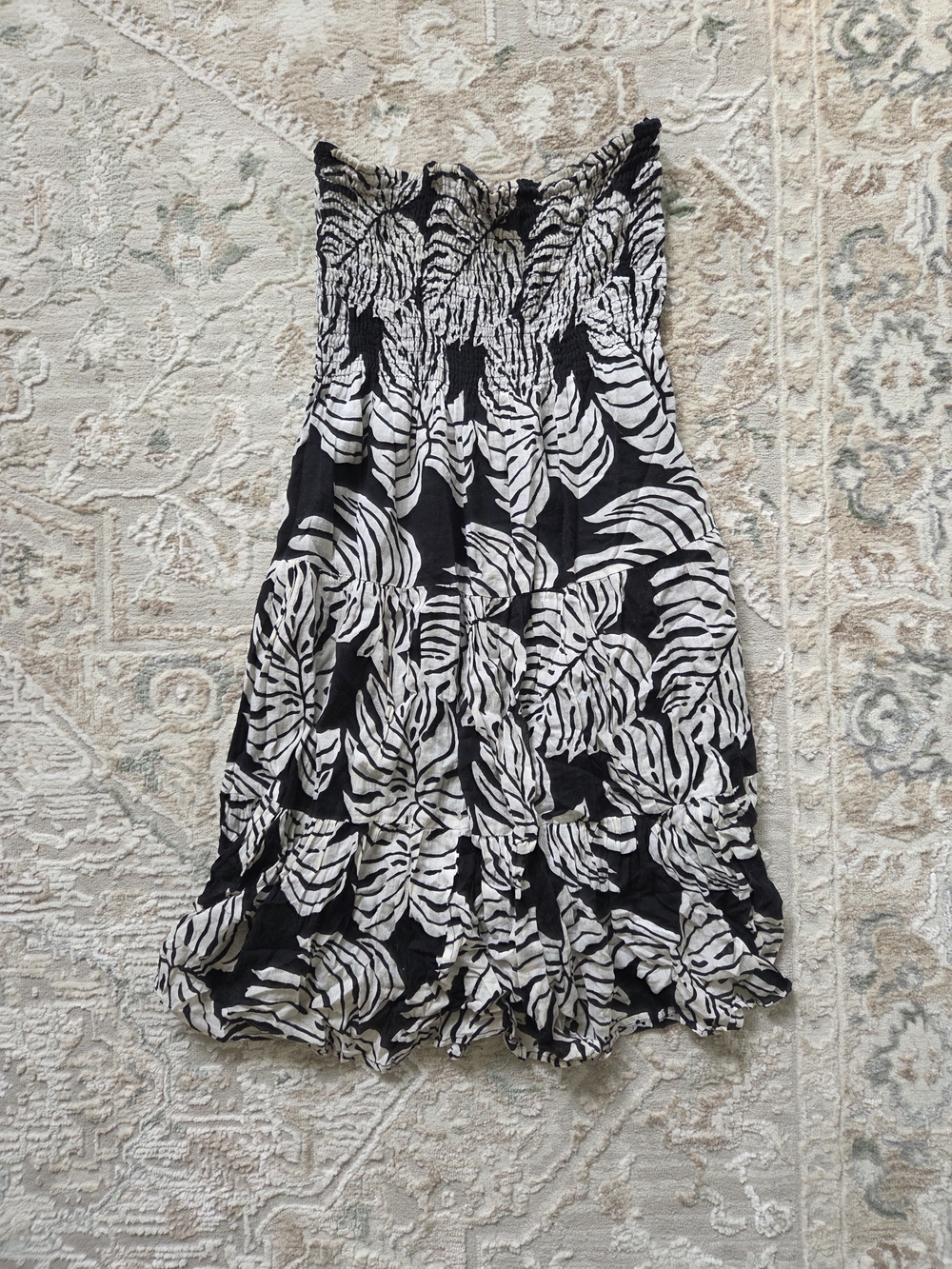 Smocked Strapless Black and White Leaf-Print Dress